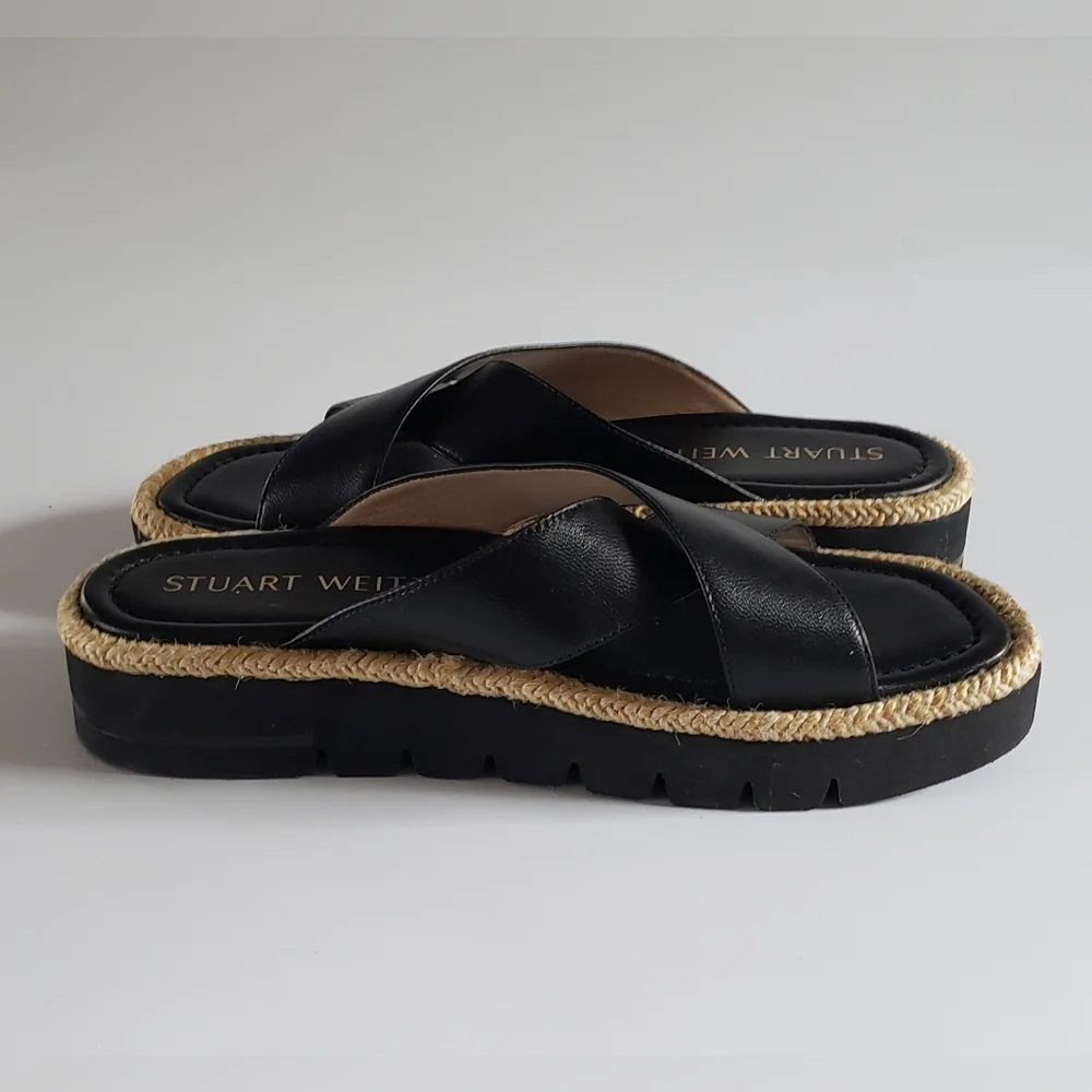 Stuart Weitzman Roza Lift Slide Black Leather Size 7 B